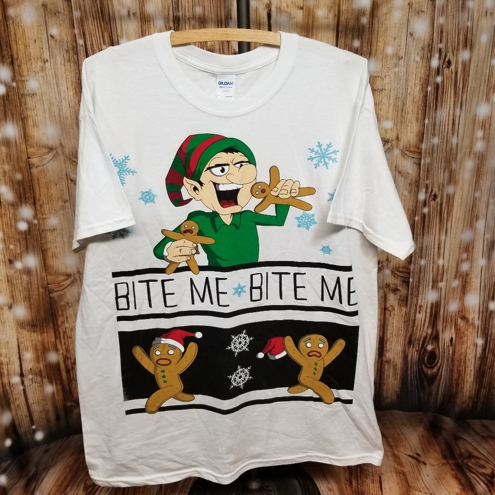 NEW Ginger Bread Elf Christmas "Bite Me" Adult L Short Sleeve Gildan T-Shirt